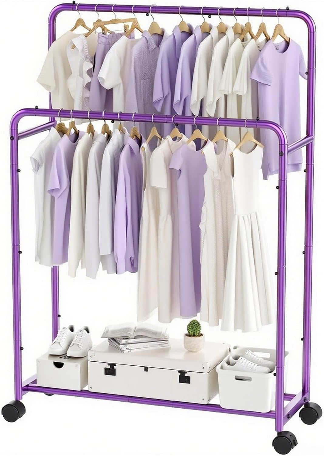 Double Rods Rolling Metal Garment Rack with Wheels for Clothes