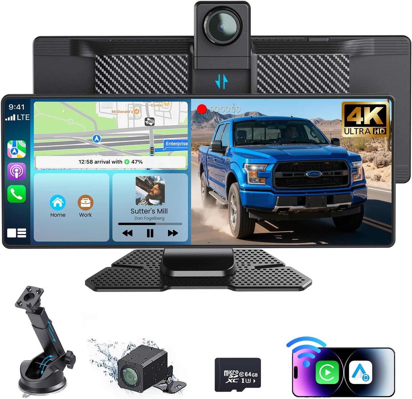 10.26 Inch Portable Carplay Screen with 4K HD Touch Display