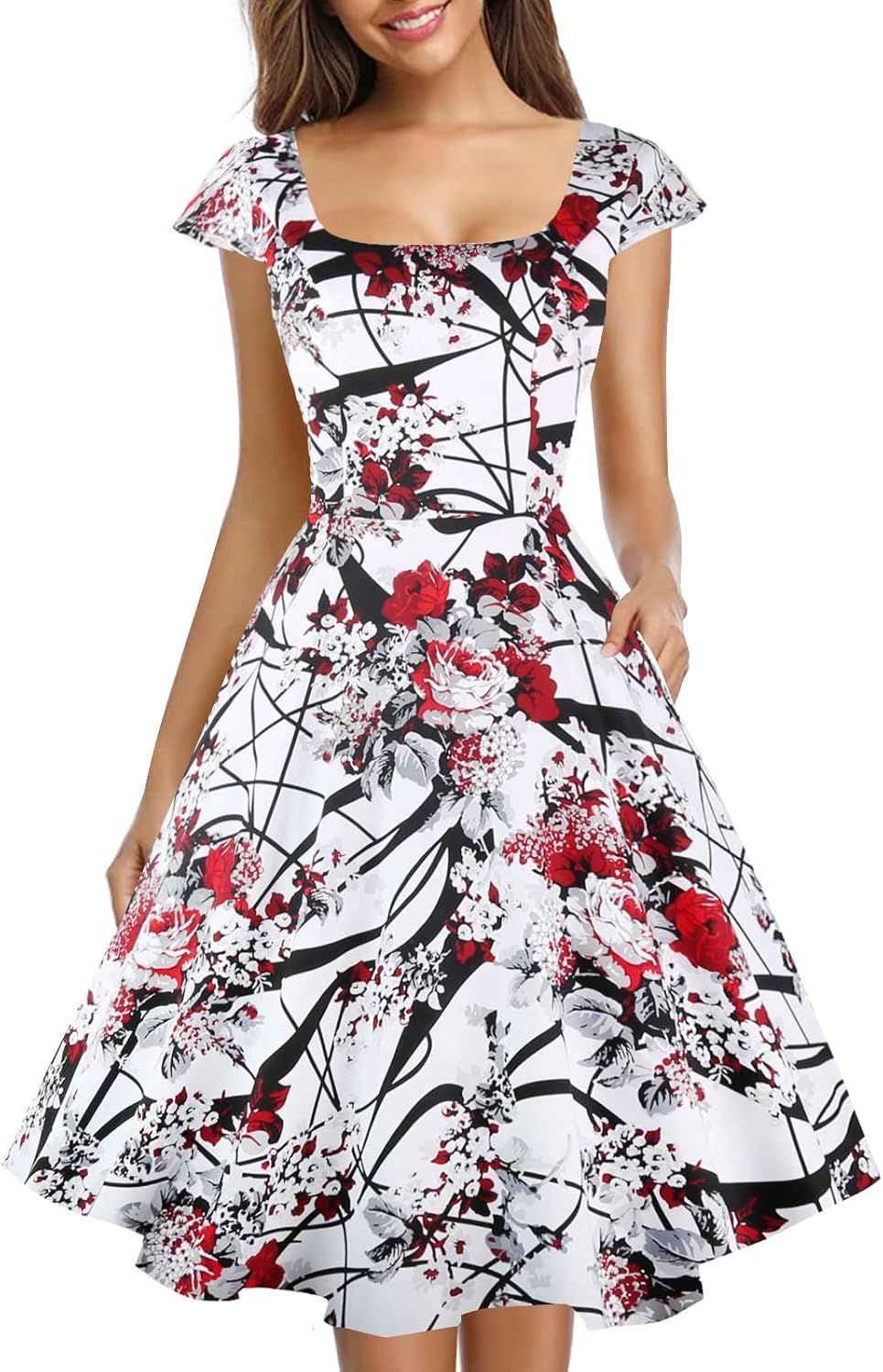 PUKAVT Women's Cocktail Party Dress with Cap Sleeves and Pockets