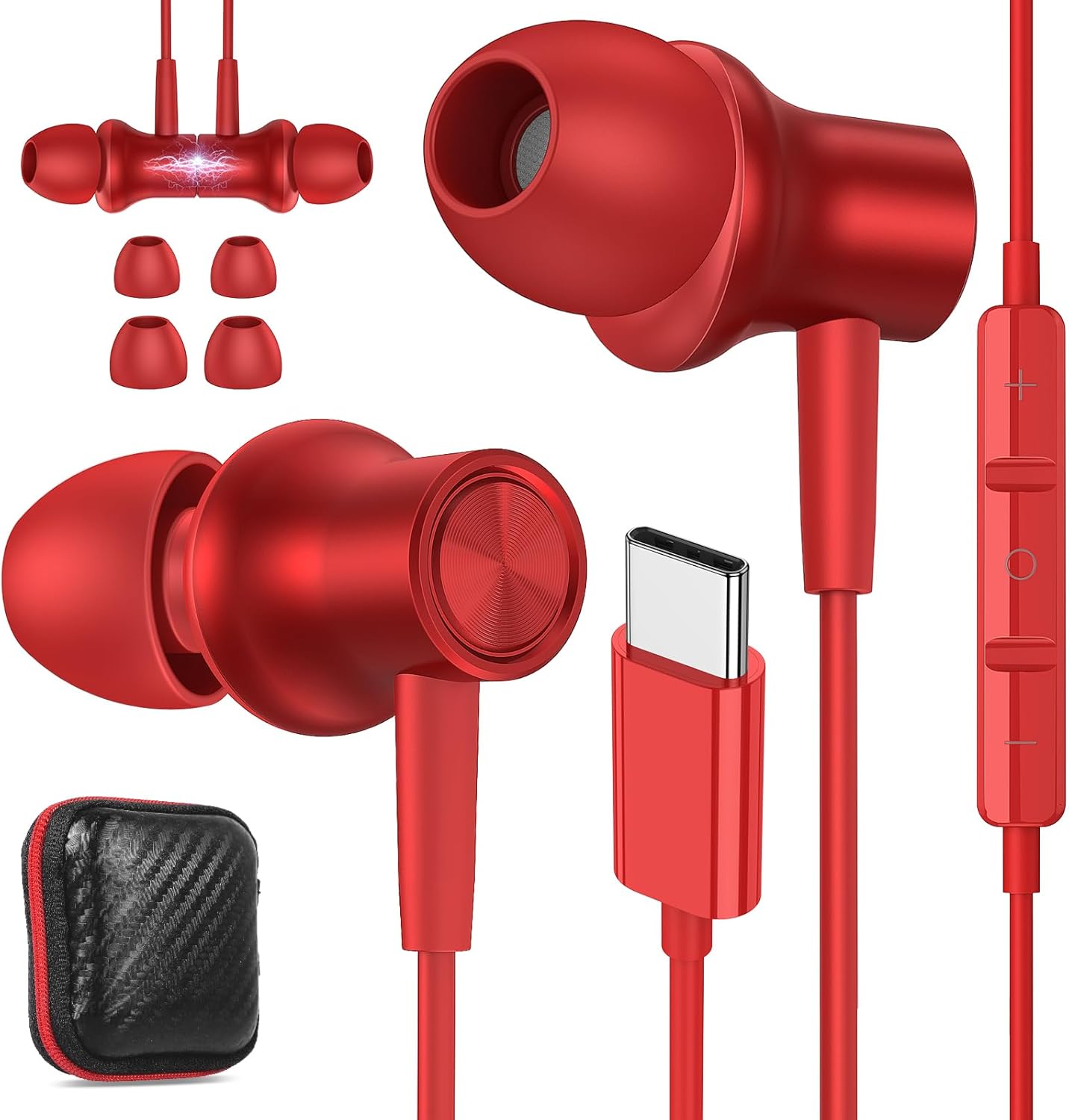 USB C Earphones with Mic & Noise Isolation | Compatible with Samsung & iPhone | Magnetic Corded Design | Red