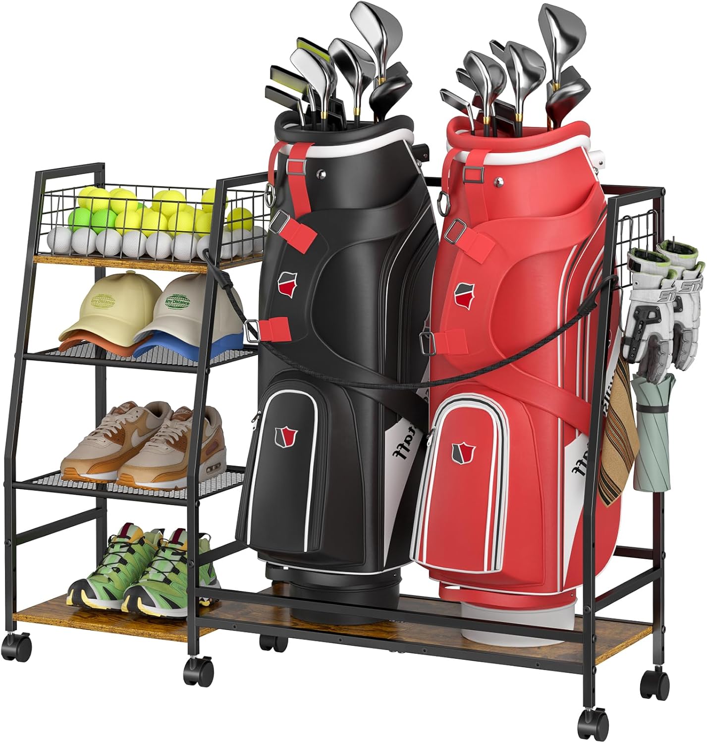 Golf Bag Storage Rack with Wheels for Garage and Home Use