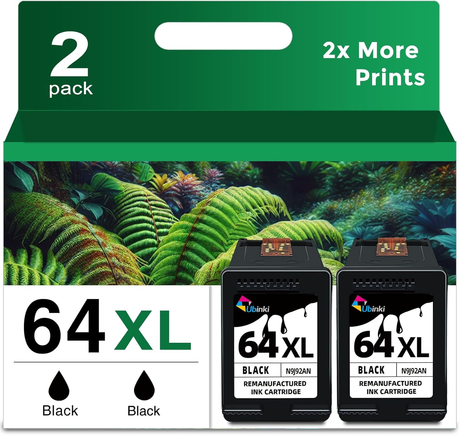 64XL Black Ink Cartridges for HP Printers - 2 Pack Replacement