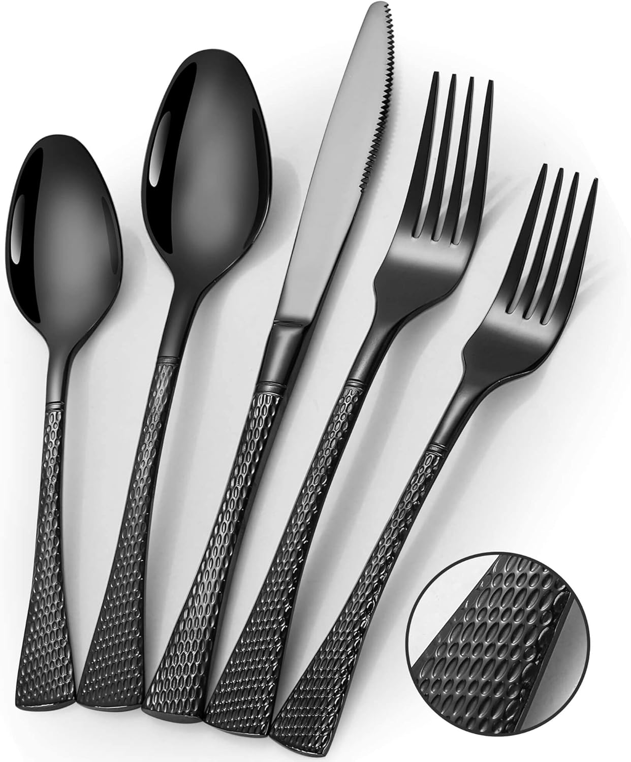 Hammered Black Silverware Set - 20 Piece Modern Flatware Set