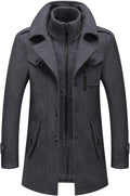 Men's Wool Blend Single Breasted Peacoat with Detachable Zipper - Grey