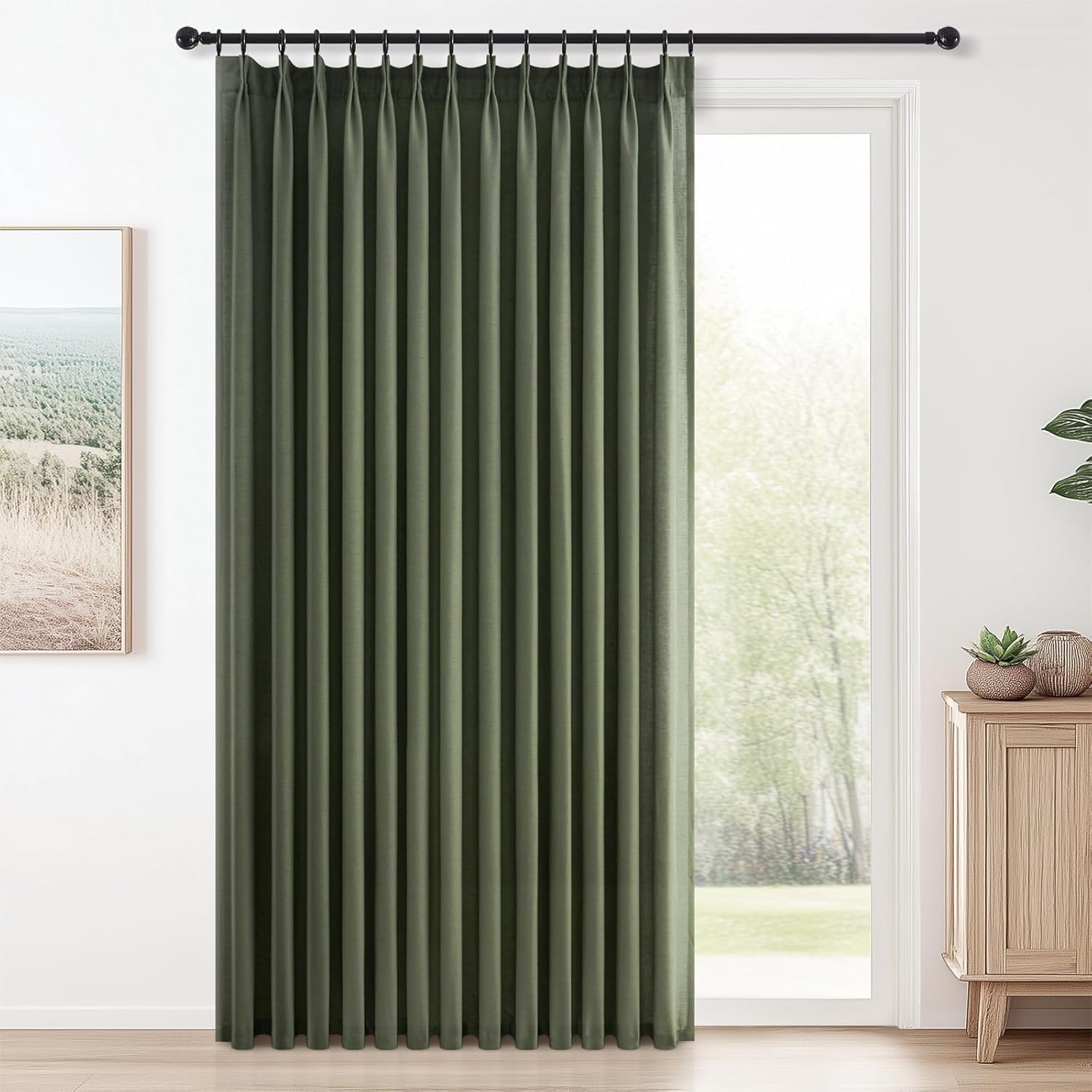 Topfinel Olive Green Pinch Pleated Linen Curtains for Living Room