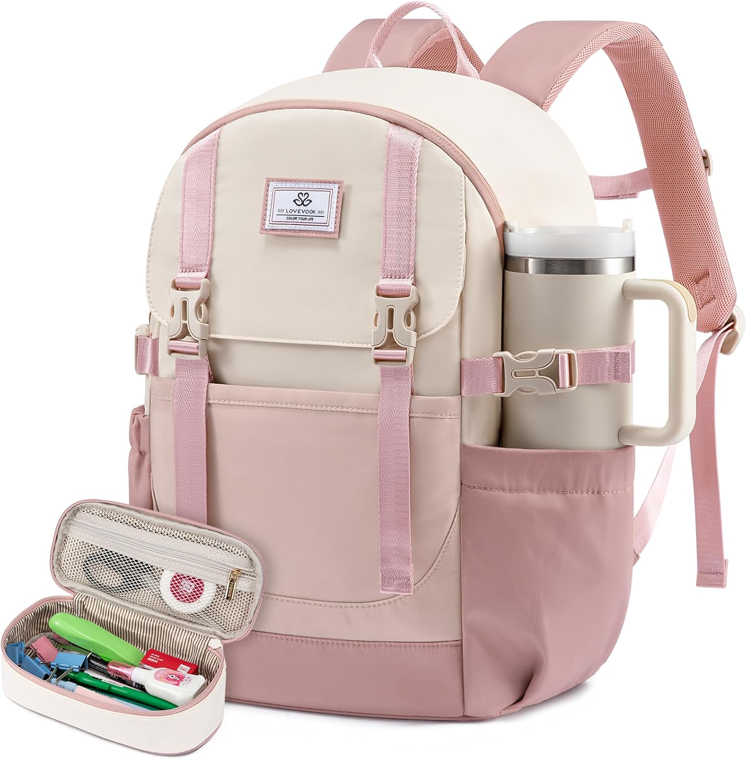 LOVEVOOK School Backpack for Teen Girls with Large Cup Holder