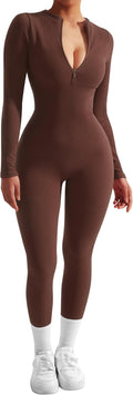 SUUKSESS Long Sleeve Ribbed Jumpsuit Zip Front - Sleek Bodycon Fit