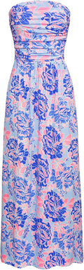 Strapless Maxi Dress Loose Ruched Long Dress with Pockets - Flattering