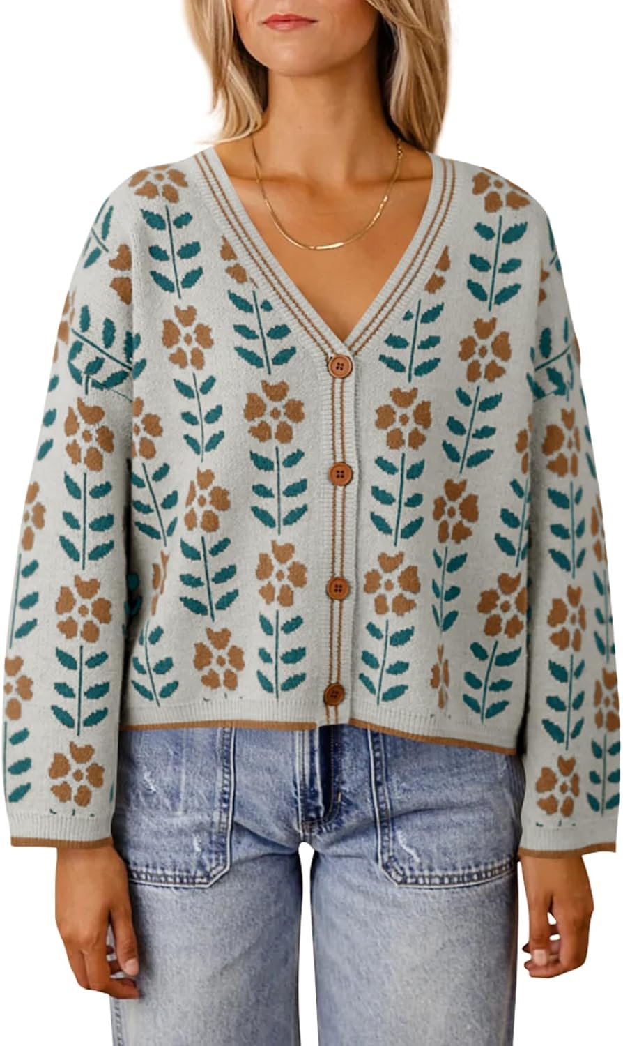 Saodimallsu Womens Floral Print Cardigan Open Front Sweater