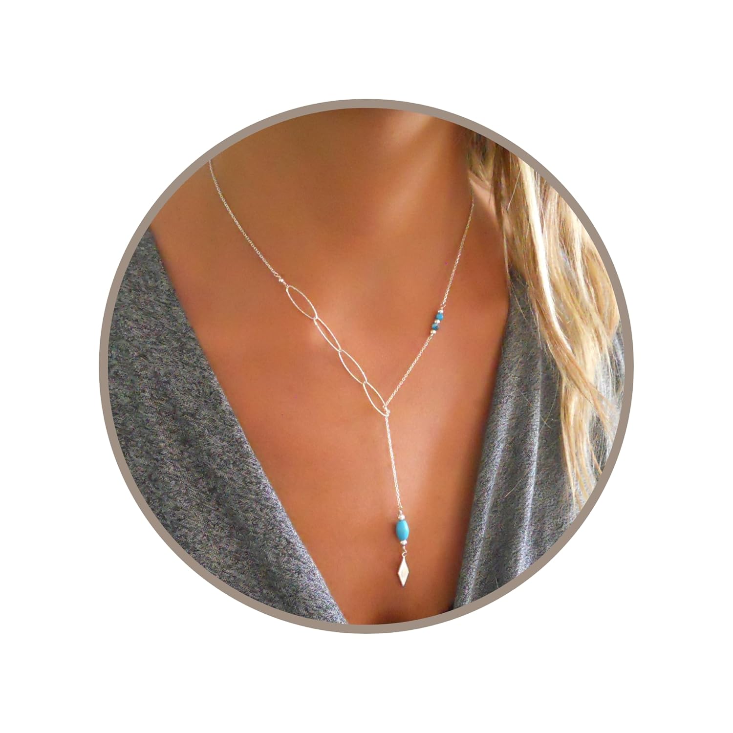 Stunning Turquoise Lariat Necklace in Sterling Silver Design