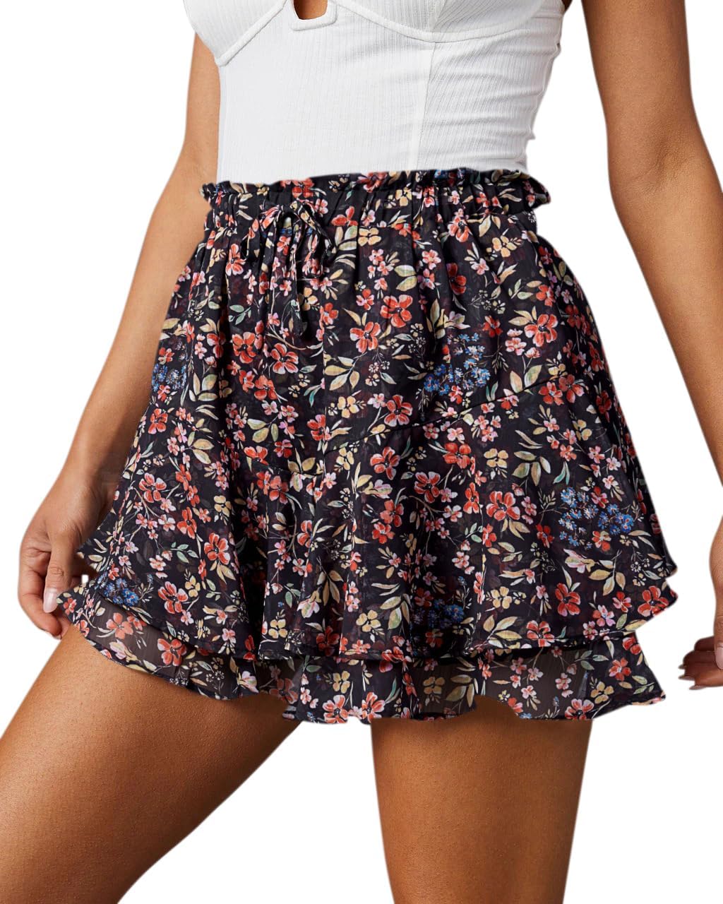 Flowy Boho Floral Skorts Ruffle Mini Chiffon Shorts for Women