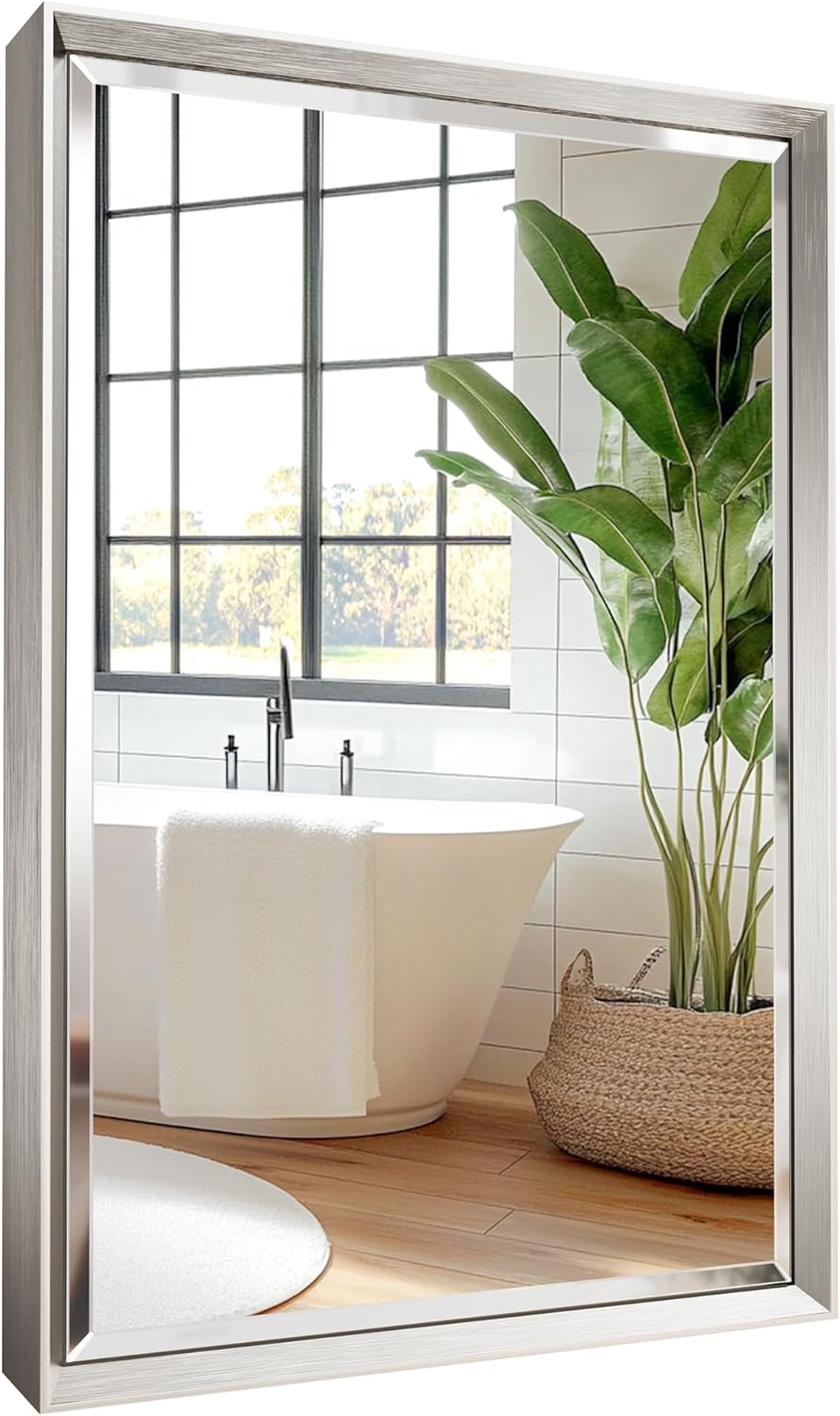 Brushed Nickel Bathroom Mirror with Beveled Design for Home Decor