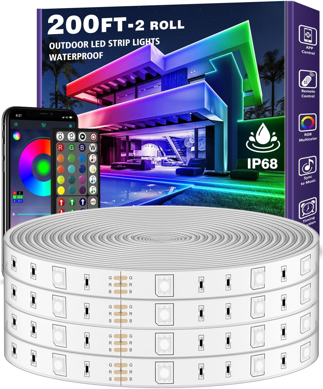 200ft Waterproof LED Strip Lights for Outdoor Use with App Control