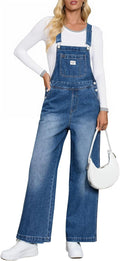 Women's Denim Bib Overalls Wide Leg Jumpsuit - Adjustable Strap Casual