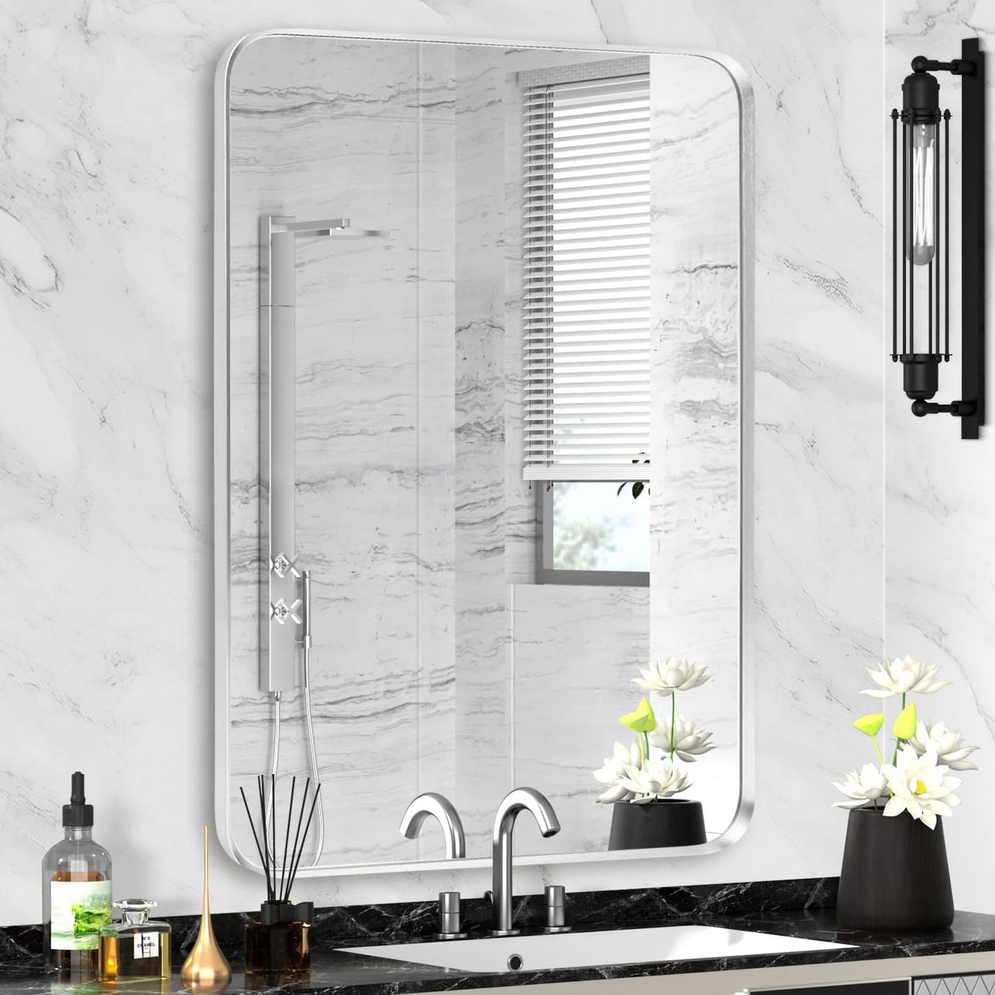 Wall Mount Mirror for Bathroom - Brushed Silver Metal Frame