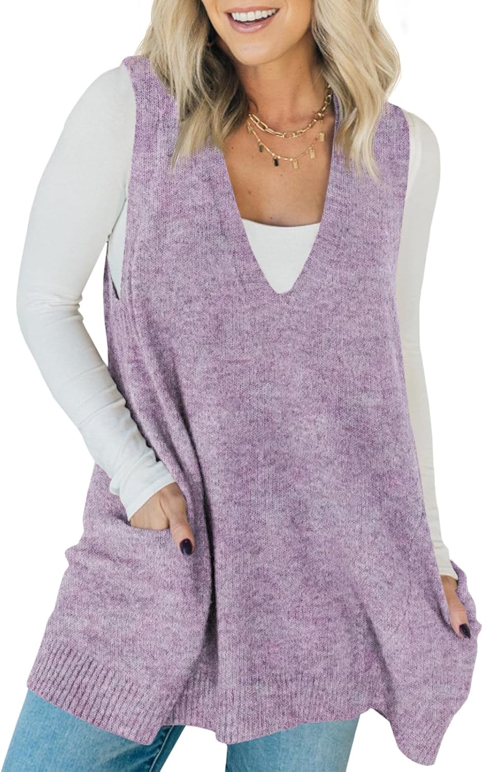 Stylish Womens Sleeveless Sweater Vest with Pockets for Casual Wear