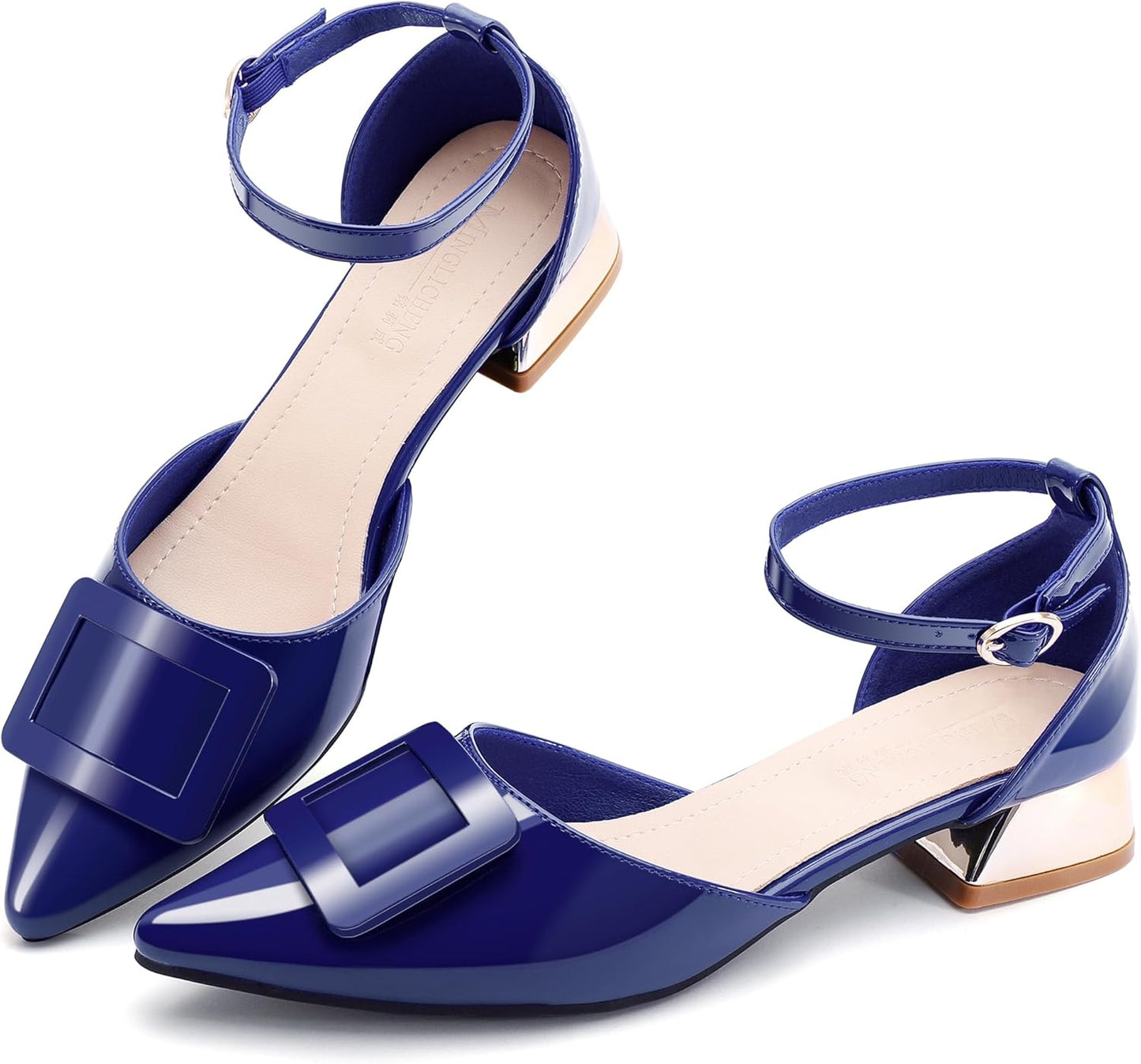 Women's Pumps Shoes Pointed Toe Low Heels Ankle Strap Style