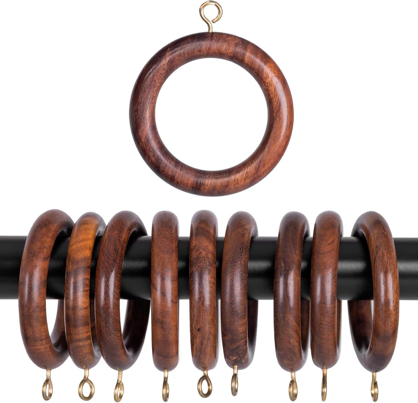 Set of 24 Smooth Rose Wood Curtain Rings, 2.5 Outer Diameter, Handcrafted Natural Drapery Rings with Metal Hooks