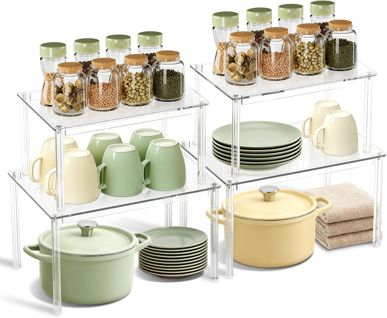 Clear Kitchen Cabinet Organizer Set of 4 Stackable Spice Racks