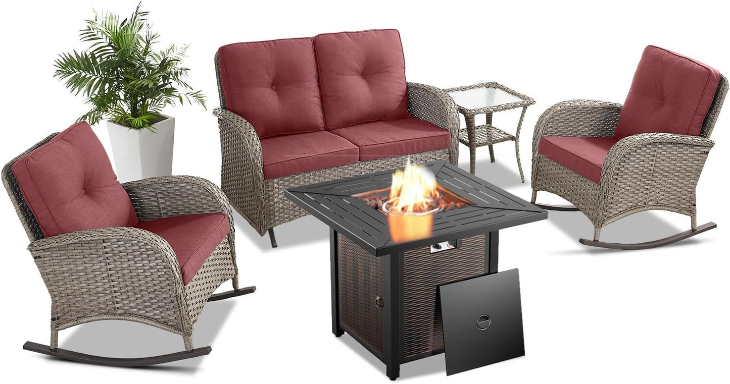 5 Pieces Patio Furniture Set with Propane Fire Pit Table