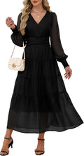 Womens Floral Long Sleeve Maxi Dress V Neck Chiffon - Flowy Boho