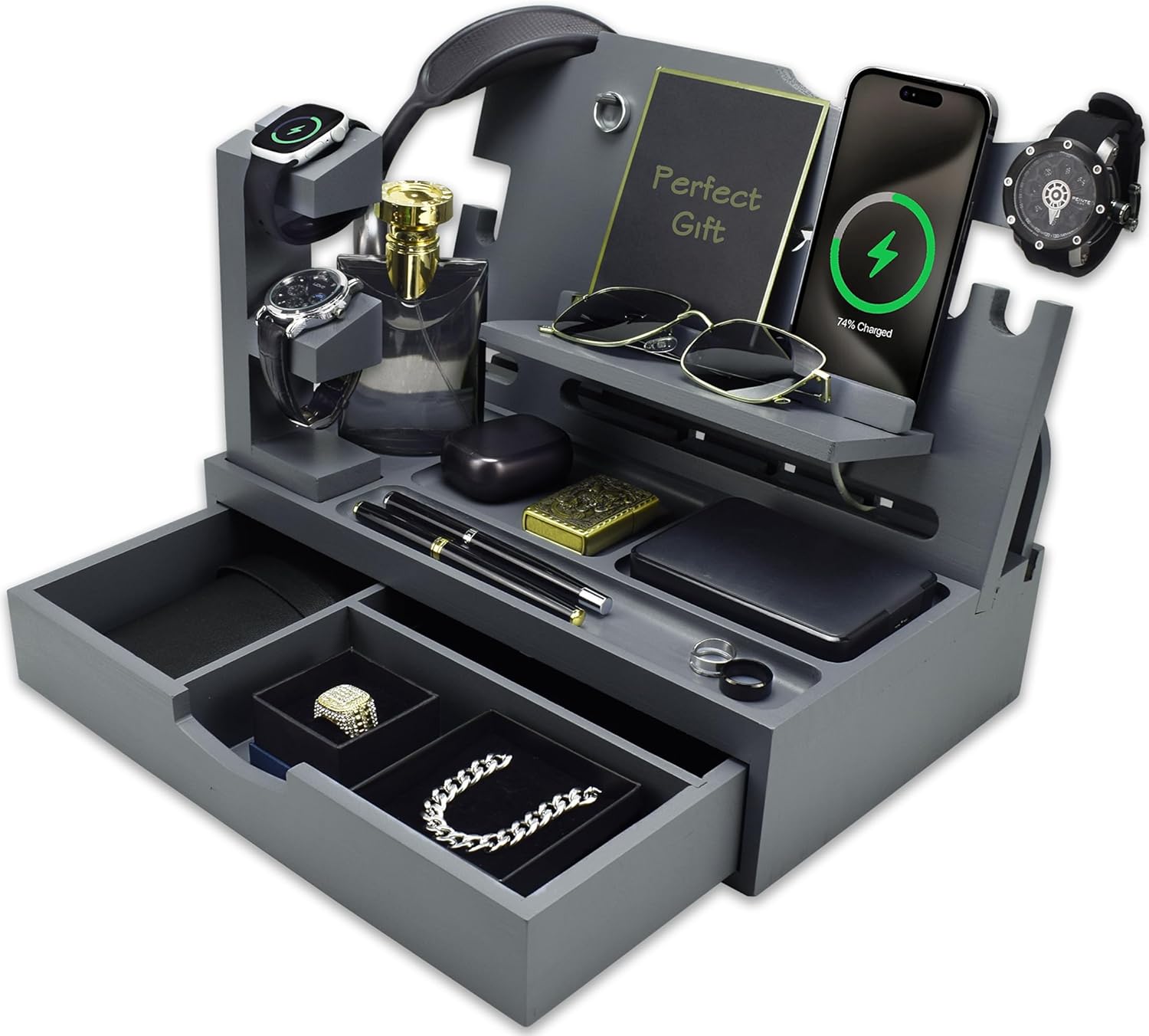 Nightstand Organizer for Men with Large Drawer and Docking Station