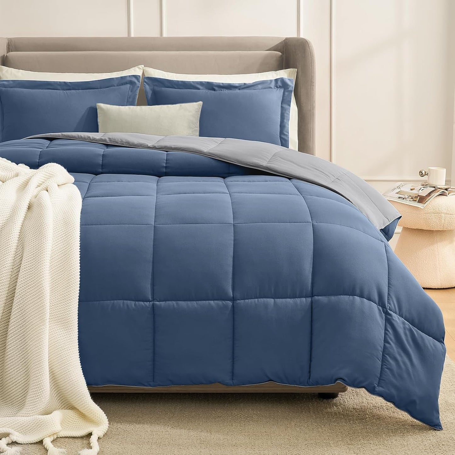Queen Comforter Set Blue Reversible Lightweight Down Alternative