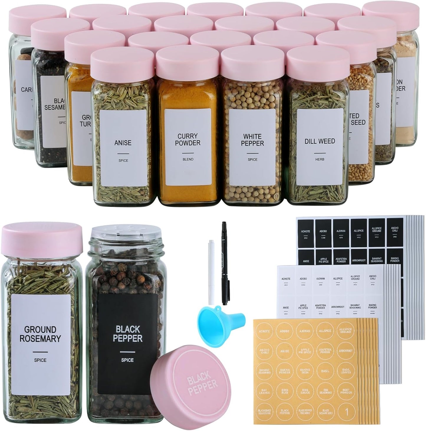 36 Glass Spice Jars Set with Labels for Kitchen Organization