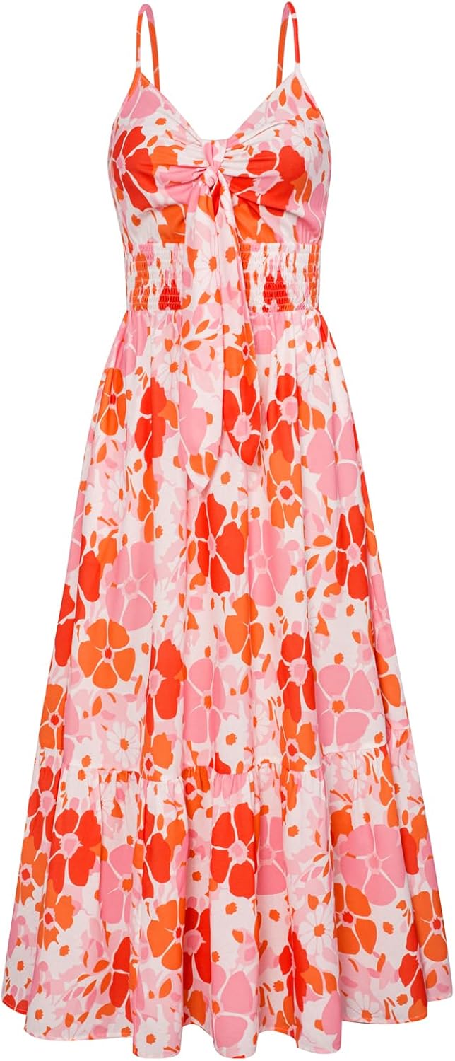 Summer Maxi Dress Floral Tie Front Spaghetti Strap Casual Style