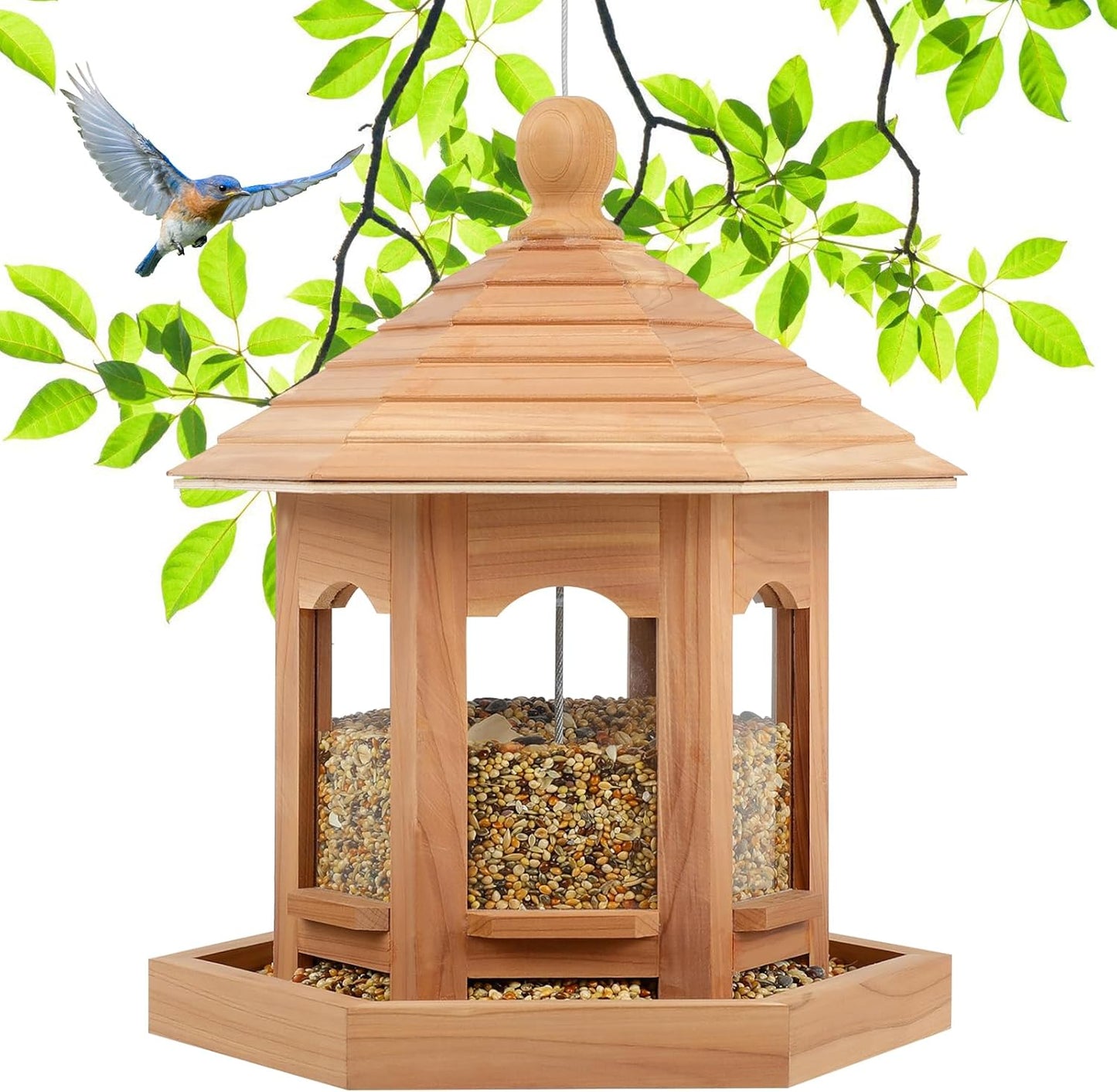 Wooden Bird Feeder for Outdoors - Durable Cedar Hexagon Design