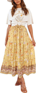 MEROKEETY Women's Boho Floral High Waist Pleated Maxi Skirt - Soft