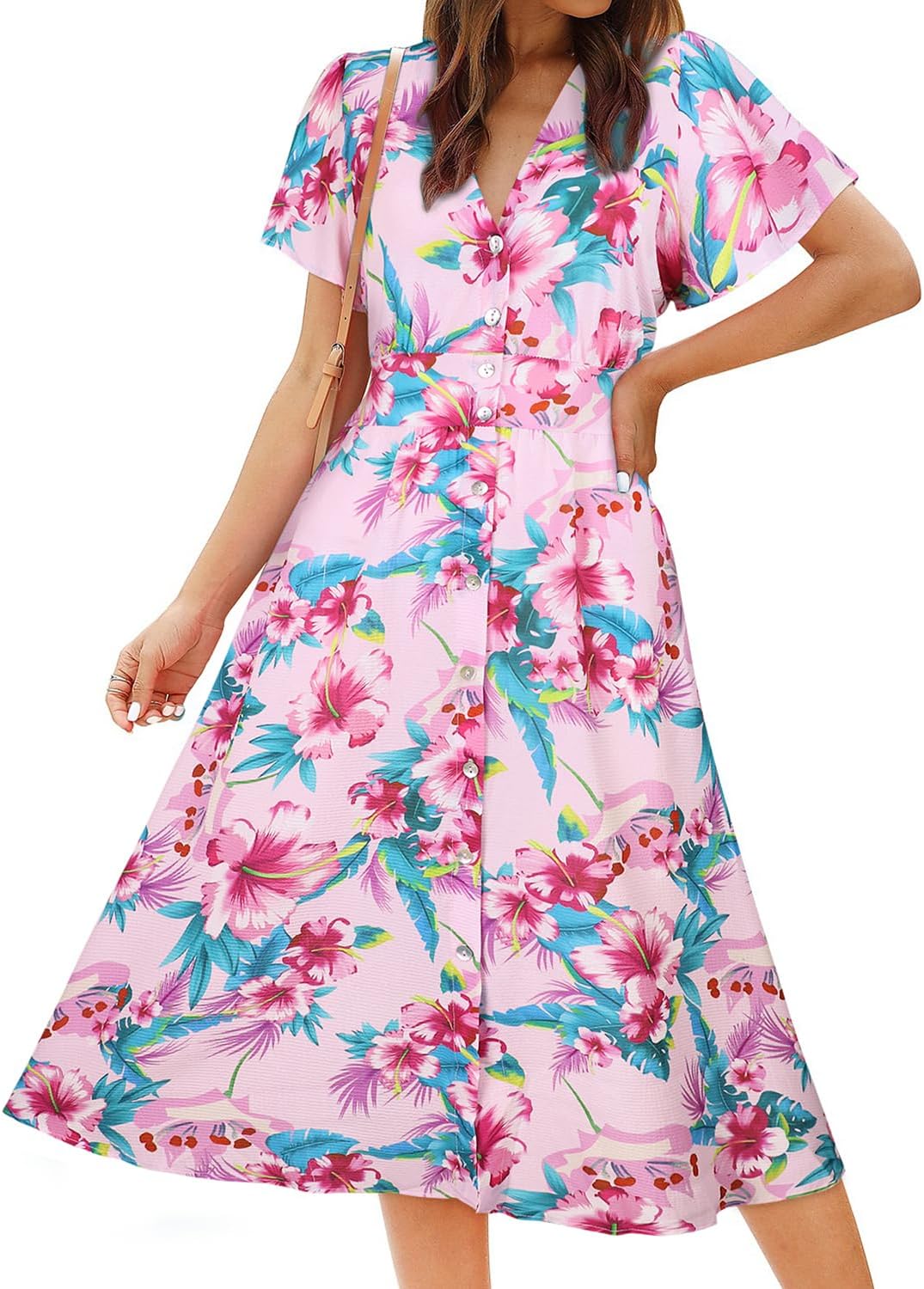 Floral Button Up Split Dress with Pockets for Casual Wear