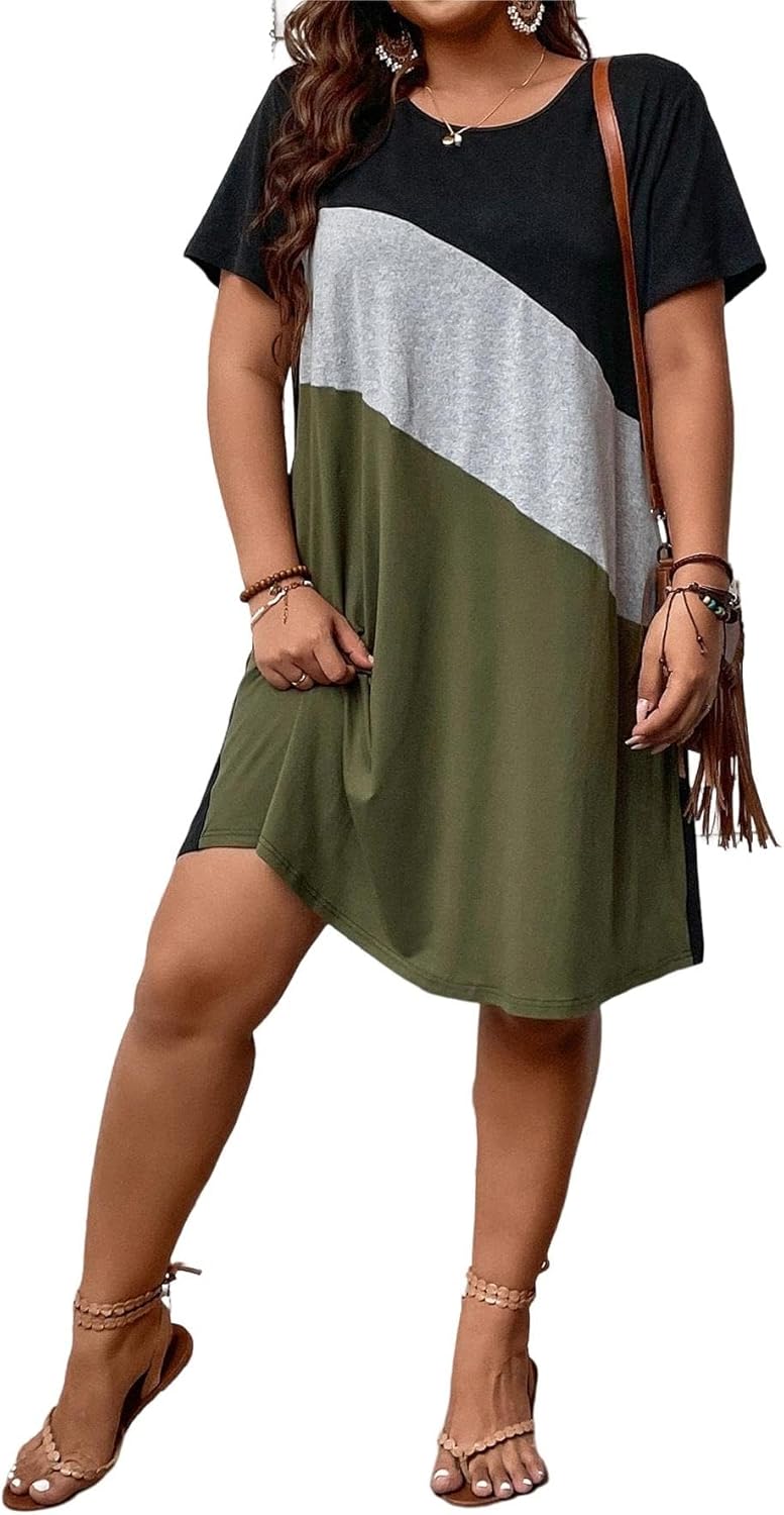 SOLY HUX Women's Plus Size Color Block Short Sleeve Dress