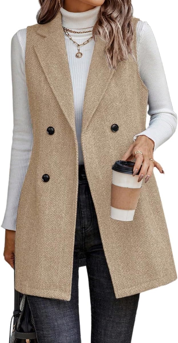IDEALSANXUN Long Vest for Women Sleeveless Tweed Blazer Jacket