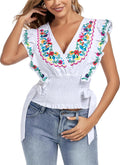 Women Mexican Embroidered Off-Shoulder Cotton Top - Boho Lace Falbala