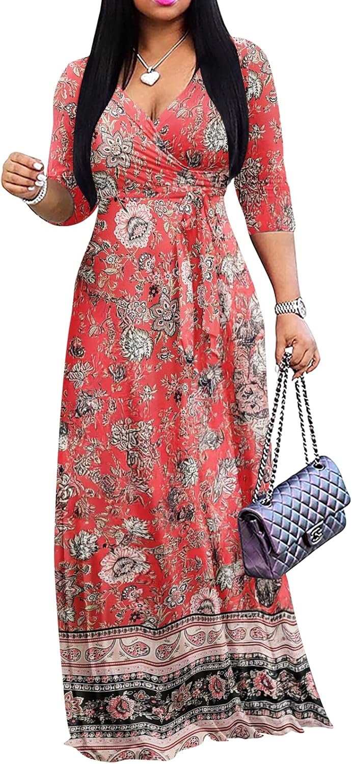 Yajedo Womens Casual Summer Maxi Dress Plus Size V Neck Sundress