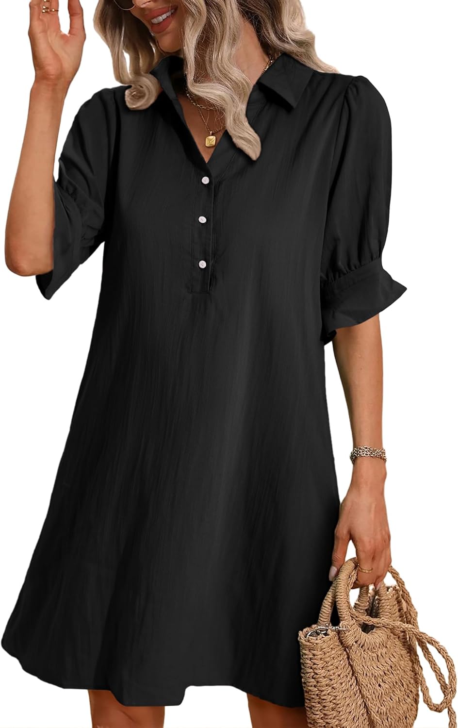 FENSACE Womens Casual Shirt Dress with Ruffle Sleeves and Pockets