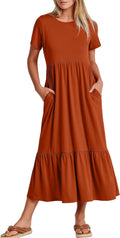 Womens Summer Maxi Dress Tiered Flowy Crewneck - Comfortable Travel