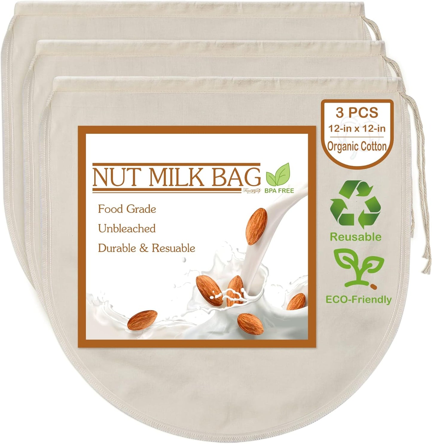 Fancymay 3-Pack 12x12 Nut Milk Bags - 100% Cotton Strainers