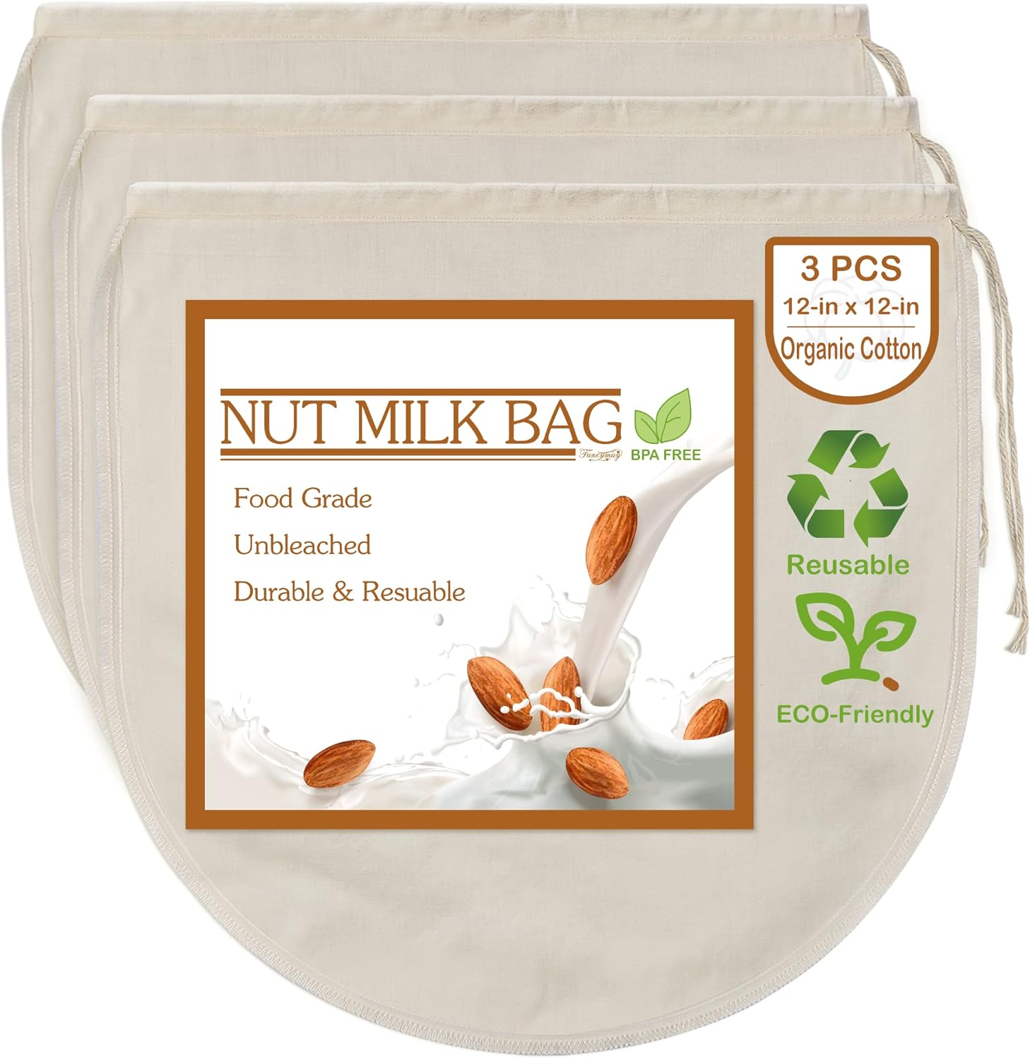 Fancymay 3-Pack 12x12 Nut Milk Bags - 100% Cotton Strainers