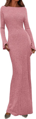 Women's Fall Ribbed Knit Long Sleeve Maxi Dress - Flattering Fit