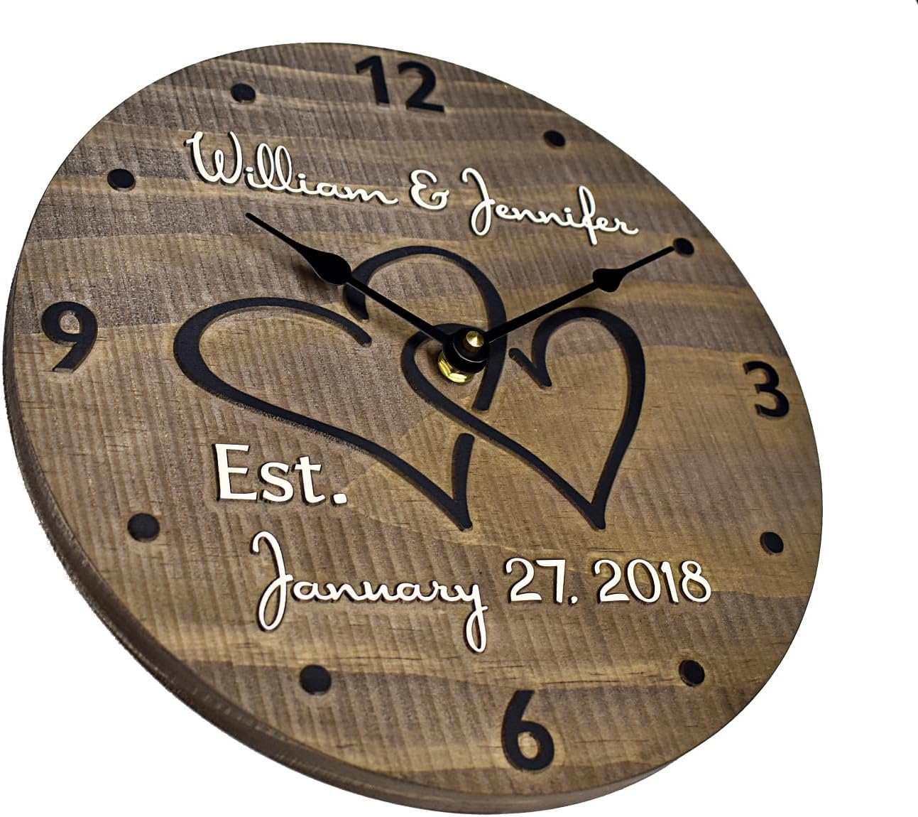 11 Inch Personalized Wooden Wall Clock with Interlocking Hearts
