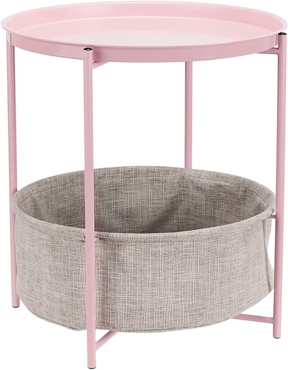 Round Storage End Table with Cloth Basket in Dusty Pink
