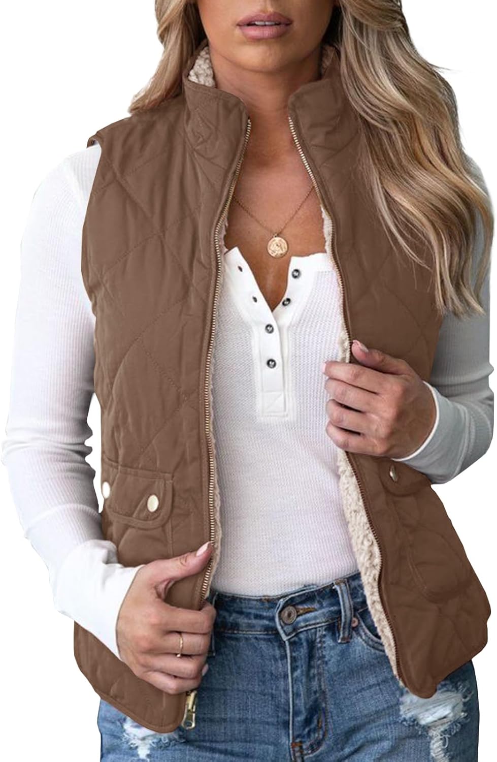 Womens Reversible Quilted Sherpa Fleece Vest - Cozy Lightweight Wear