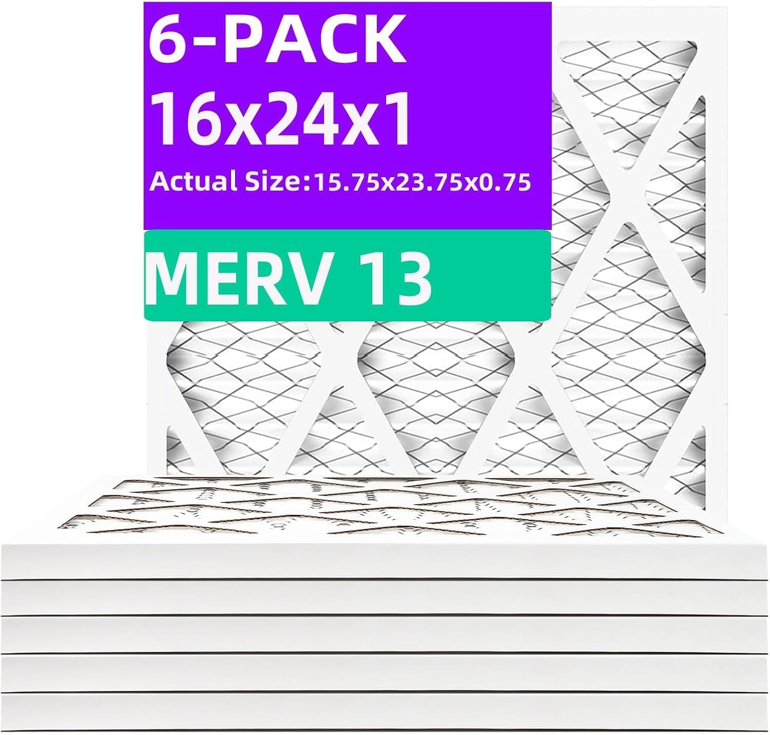 16x24x1 MERV 13 Air Filters for HVAC Systems - 6-Pack