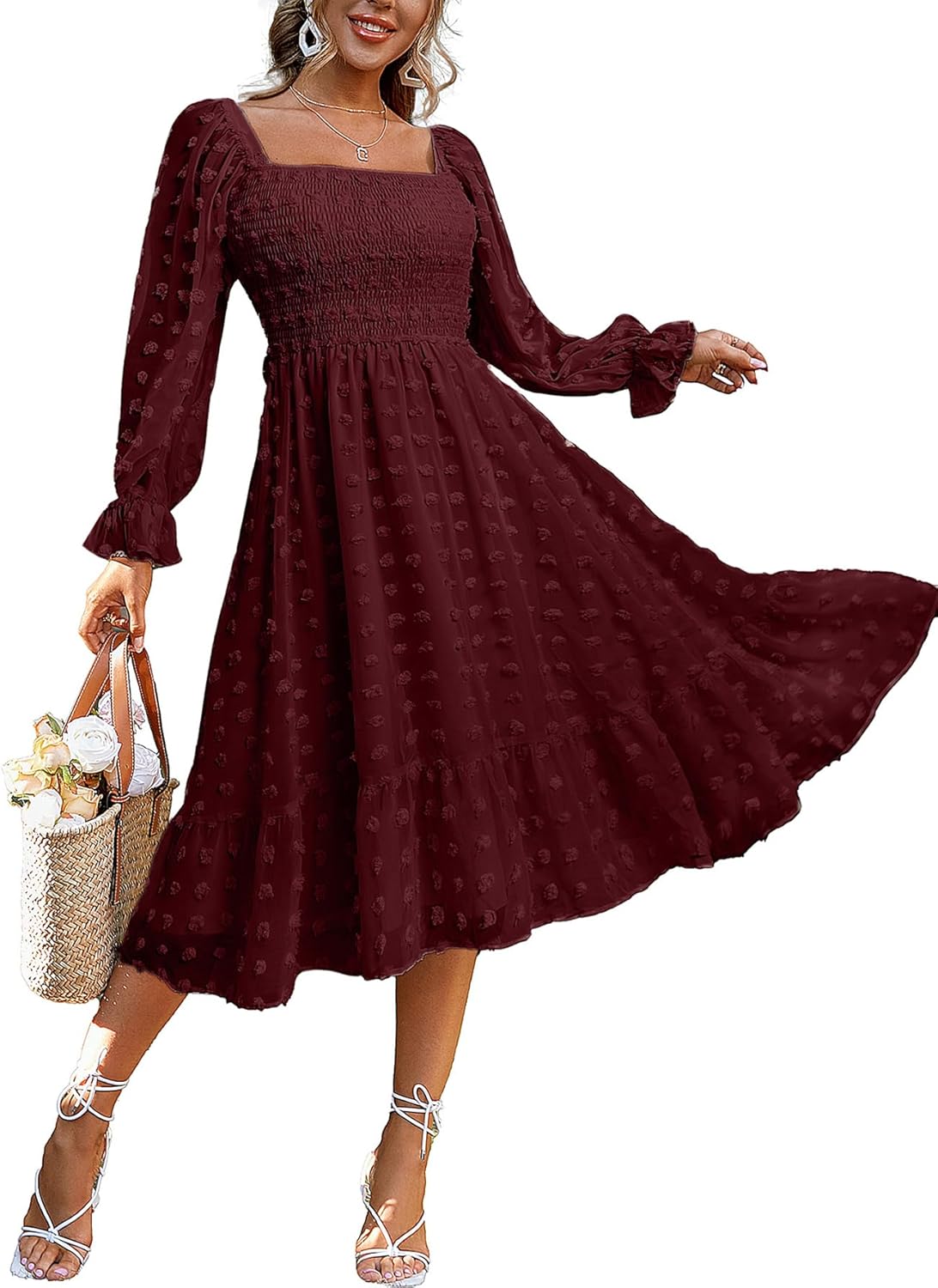 Amegoya Women's Boho Flowy Long Sleeve Square Neck Midi Dress