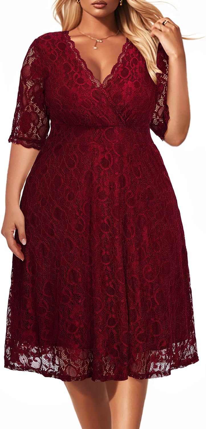 Plus Size Wedding Guest Lace Wrap V Neck Knee Length Dress