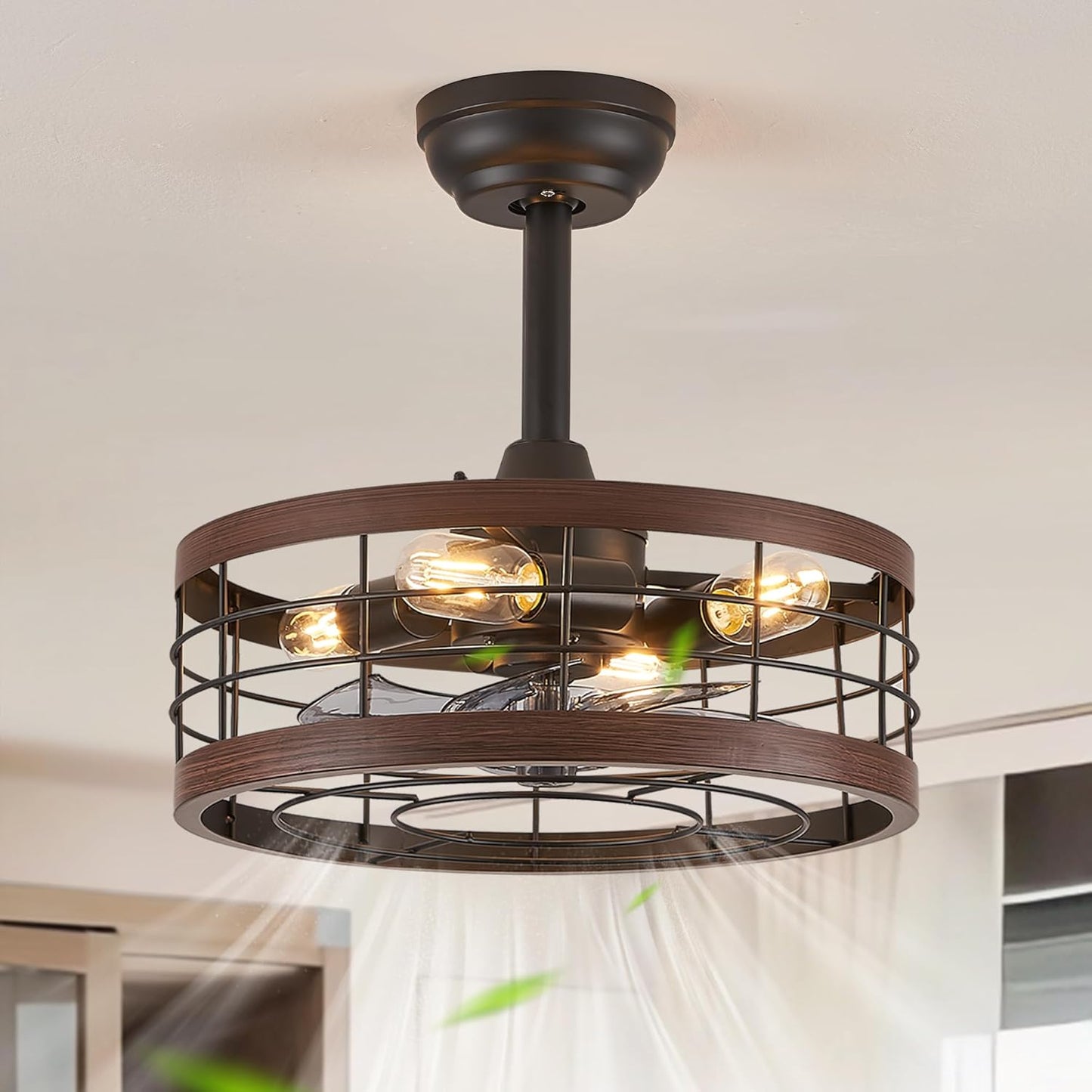 LEDIARY 16.5in Caged Ceiling Fan with Light for Rustic Homes