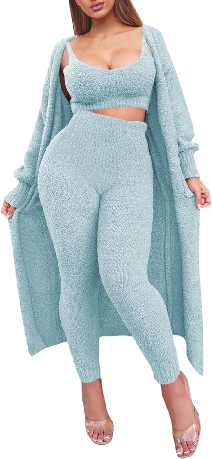 Fuzzy 3 Piece Sweatsuit Set for Women - Cozy Lounge Wear
