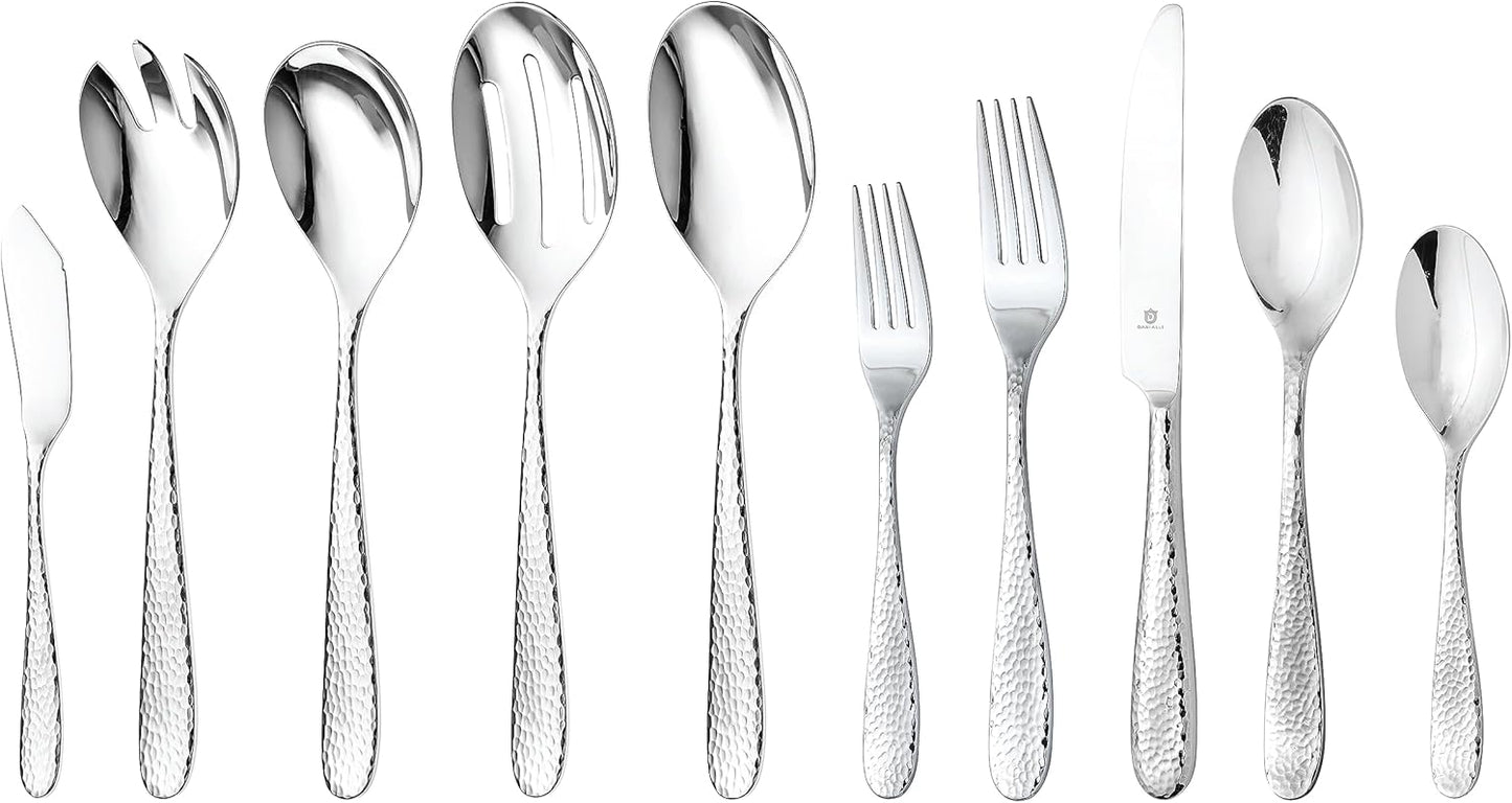 Hammered Silverware Set with Serving Utensils for 8 People